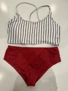 Striped White & Black Crop Bikini Top with Cherry Red High Waist Bottoms